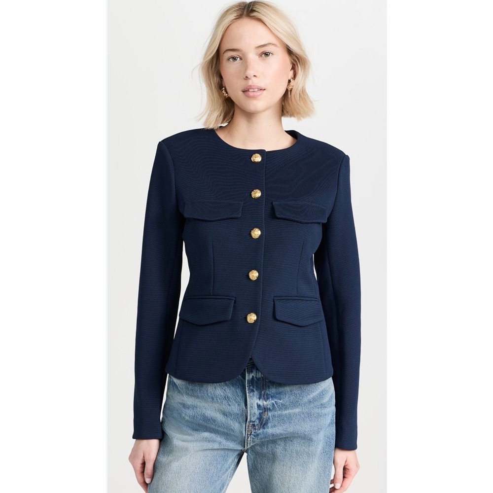 NWOT Ann Taylor Navy Blue Gold Button Ponte Cropped Blazer Jacket 6P